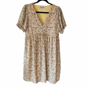 Eden in Love Hawaii Dress Aloha Floral Puff Sleeve Babydoll L